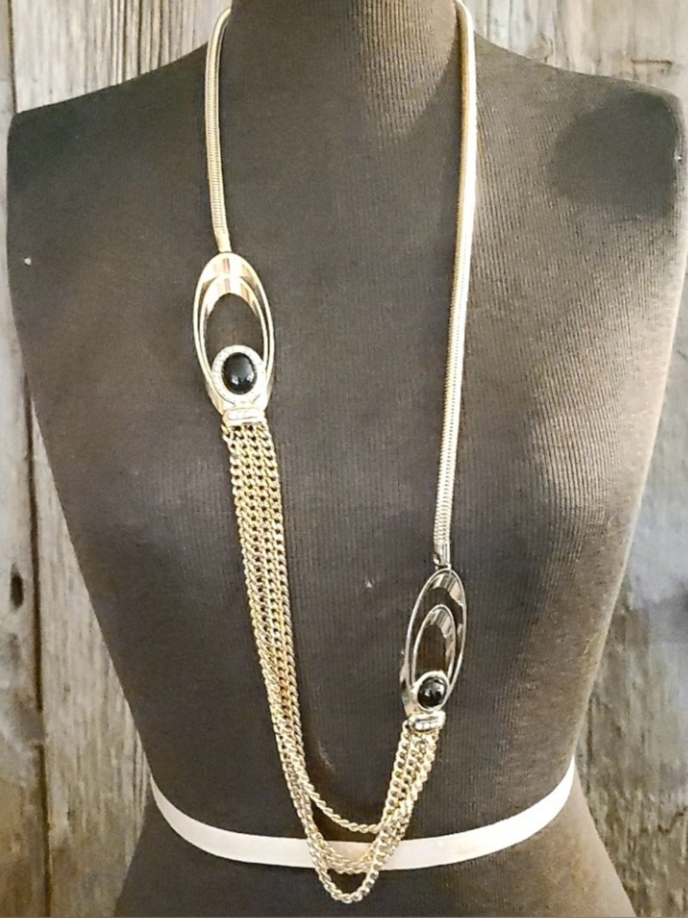Vintage Long Gold Tone Layered Necklace Black Stone Crystal